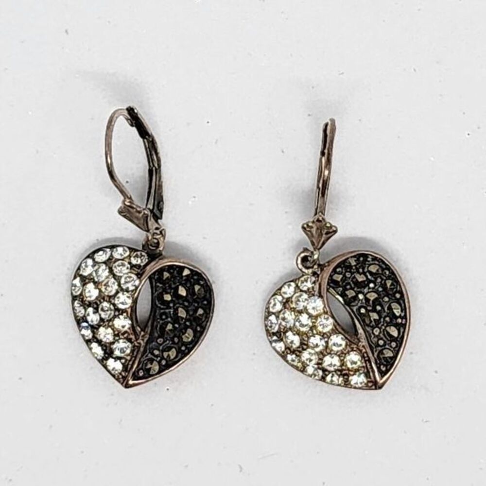 925 Sterling Silver Heart Earrings Crystal Rhinestone Yin Yang‎ Black Dangle